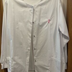 White Medical Scrub Jacket with Pink Ribbon Embroidery